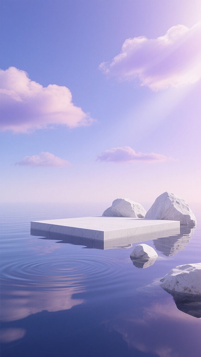 极简主义3D渲染风格的场景，整体呈现宁静优雅的氛围，柔和的光线从画面上方偏右位置照射下来，形成明亮的高光和细腻的阴影过渡，营造出温暖而朦胧的感觉。画面下方是平静的水面，水面上有轻微的波纹，倒映着上方的物体和天空。水面边缘有一个由光滑的白色岩石构成的不规则几何形状平台，平台表面平坦，边缘圆润，岩石表面有自然的纹理和细微的凹凸质感。平台旁边还有几块大小不一、形态各异的白色岩石，部分浸入水中，与水面形成自然的衔接。背景是渐变的蓝紫色天空，天空中有几朵形态柔和、边缘模糊的云彩，云彩呈现出淡紫色和浅粉色的渐变色彩，整体色调从下方的深蓝色逐渐过渡到上方的浅紫色，营造出梦幻而宁静的氛围，没有任何文字或标识元素。