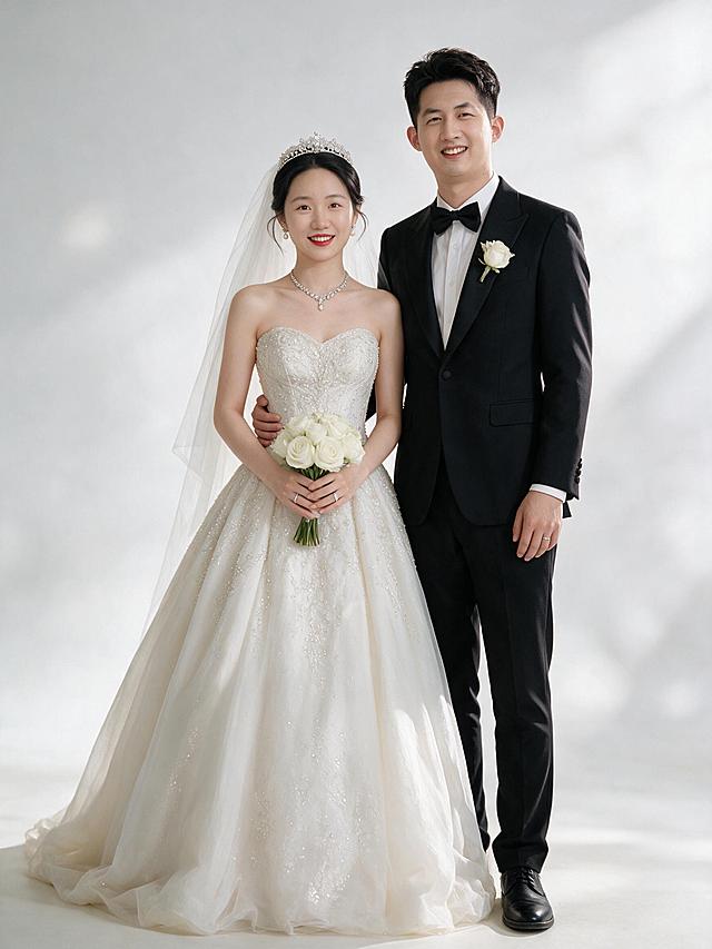 超高清现代中式婚纱摄影作品，干净简约、高级质感、柔和暖白色调。纯净浅灰白色影棚背景，柔和均匀的影棚专业布光，人物面部明亮通透，侧光营造立体感，肤质细腻有光泽。整体暖白色调，画面明亮干净，肤色白皙通透自然红润，婚纱呈现象牙白质感。超高清画质，保留皮肤细腻纹理、婚纱珠片刺绣细节、面料光泽质感，背景柔和虚化，人物清晰锐利。

人物：严格使用上传的三张参考肖像中的同一对新人，男性为唯一新郎，女性为唯一新娘，100%沿用原图五官、脸型、肤色，禁止修改，面部特征精准还原，表情自然真实。男性身高约178cm身形挺拔修长，女性身形纤细优雅，双人同框时男性高于女性10-12cm，比例协调自然。

新娘造型：黑色长发，韩式优雅低盘发，留有柔和碎发丝修饰脸型；头戴精致水钻皇冠，搭配轻薄白色头纱；清透裸肌妆容，自然柔和眉形，淡粉色腮红，气质正红色唇妆，妆感干净高级；象牙白抹胸婚纱，通体点缀细密珠片刺绣，面料有光泽质感，裙摆蓬松优雅；佩戴水钻项链、珍珠耳饰、钻石戒指，手捧白色玫瑰花束；整体端庄大气、温婉优雅。
新郎造型：黑色短发，干净利落的纹理感造型露出额头；自然清爽妆容肤色均匀；黑色修身礼服西装套装，白色衬衫，黑色领结，黑色皮鞋，胸口佩戴白色玫瑰胸花；佩戴银色婚戒；整体儒雅绅士、挺拔俊朗。

第8张动作：并肩幸福合照。新人并肩正面站立，新郎一手自然搭于新娘腰侧，新娘手捧花束。两人自然开心微笑看向镜头，姿态放松大方。全身照，展现整体造型与和谐气质。

禁止：复杂花哨背景、暗沉灰暗色调、过度磨皮、手指变形、手指数量错误、五官比例失调、表情僵硬、服装款式更改、画面杂乱、人物比例失调