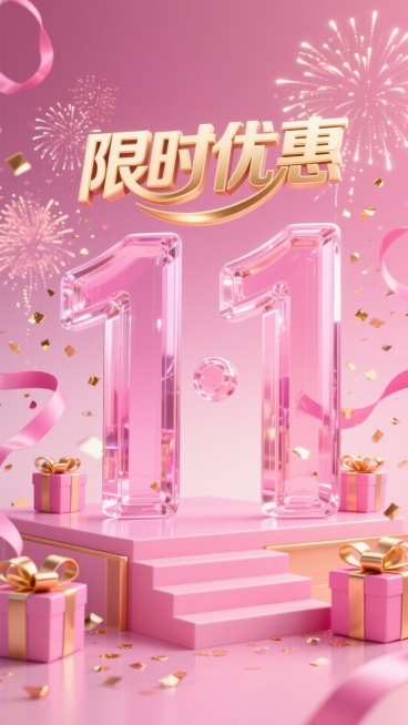 粉色玻璃立体字 “11·11” ，上方搭配金色 “限时优惠” 艺术字。周围环绕粉金礼盒、粉色丝带、烟花、碎金片，背景为粉色渐变，底部有粉色阶梯展台，整体风格热烈喜庆预览效果