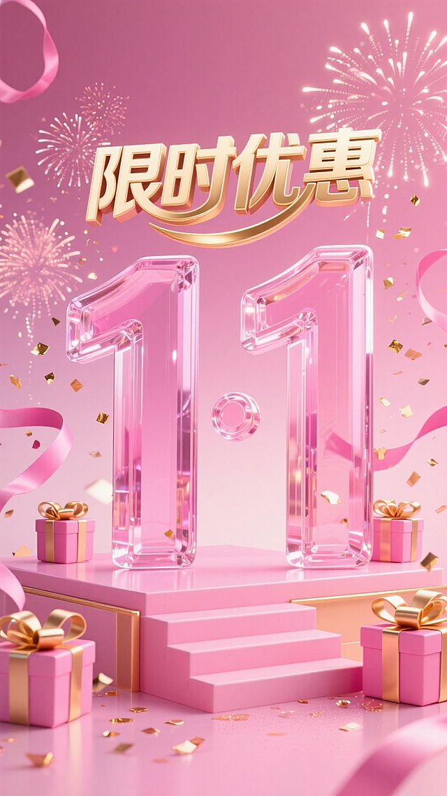 3D玻璃风数字“11.1”晶莹剔透，鎏金文字闪耀喜庆，粉色礼盒与烟花交织，营造梦幻甜蜜的双11限时优惠氛围。