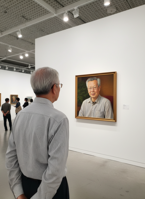 斜拍背面视角，在一个艺术展厅里，参考图人物在欣赏墙上挂着的一幅风格写实的油画，画中人物形象与该人物呼应，画要显示完整，远处有其他参观的人，画面是明亮射灯营造的自然氛围。预览效果