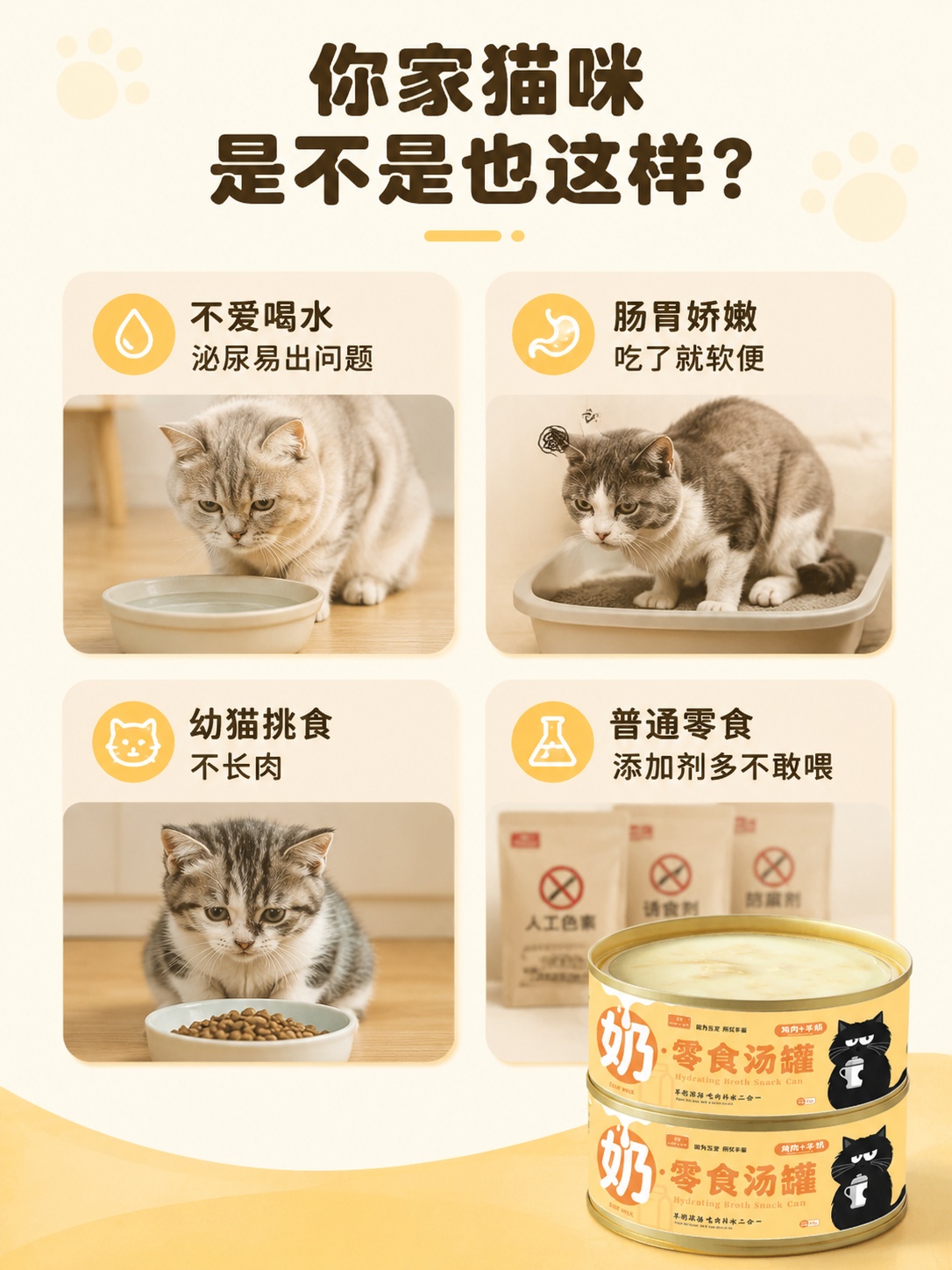 [第2屏] 痛点直击-猫咪喂养常见难题戳中需求。本屏使用【图1… - 图片创意预览