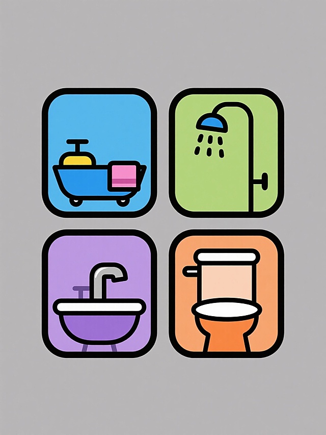 一套四个不同浴室元素的图标集合，每个图标均采用相同的简约线条风格，黑色描边，规整的几何形状，圆润的边角处理，单个图标内使用单一主色调填充，背景为纯色，四个图标呈2x2网格状整齐排布，第一个图标是蓝色浴缸配黄色水龙头和粉色毛巾，第二个图标是绿色淋浴喷头配水滴，第三个图标是紫色洗手池配银色水龙头，第四个图标是橙色马桶配白色盖子