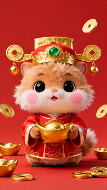 3D风格的可爱动物形象，穿着传统红色财神爷服装，头戴金色财神帽，帽子上有绿色宝石装饰和金色圆形挂饰，双手捧着一个金色的元宝，动物有着蓬松柔软的毛发质感，大大的黑色眼睛，粉嫩的脸颊，表情喜庆可爱，背景为纯红色，周围散落着多个金色的铜钱和元宝，整体色彩鲜明，光影柔和，营造出欢乐吉祥的氛围。预览效果