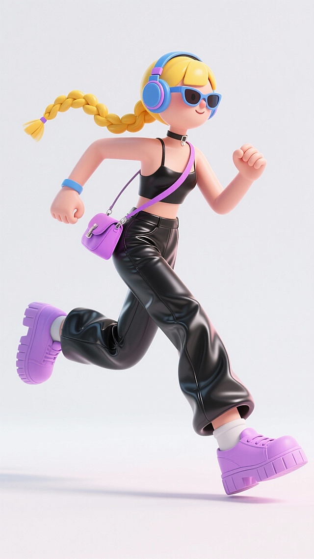 软3D风卡通女孩，Y2K潮流穿搭，塑料质感配色，动感奔跑姿态，节日氛围感十足。