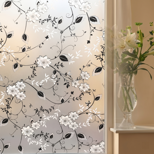 [Main Image 2] Real scene display of electrostatic frosted window film with 3D flower pattern instal预览效果