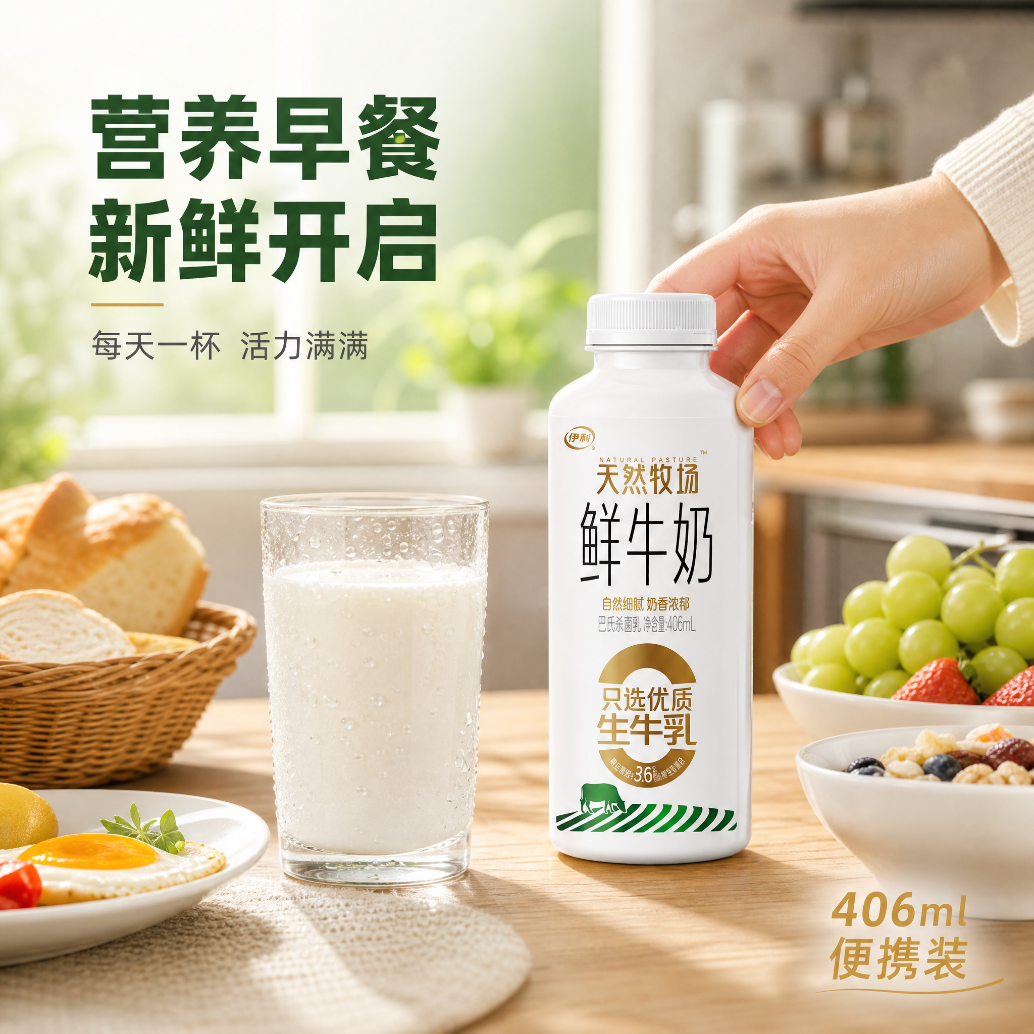 [主图-4] 伊利天然牧场鲜牛奶生活场景图，展示早餐饮用场景，… - 图片创意预览