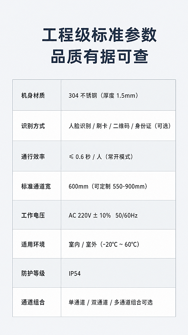 [第5屏] 产品参数公示页，工程级标准参数品质有据可查，板块标题「工程级标准参数 品质有据可查」。
[氛围/风格] 清晰规整的参数展示，专业严谨，简约干净。
[元素布局] 顶部板块标题，中部展示清晰参数表格，按照用户提供的参数项列出：机身材质、识别方式、通行效率、标准通道宽、工作电压、适用环境、防护等级、通道组合，表格边框清晰，隔行配色区分，内容整齐对齐，整体干净不杂乱。
[光影质感] 均匀柔和布光，表格文字清晰锐利，无明暗遮挡。
[配色色系] 全局底色：#F0F2F5（浅灰）；标题文字：#2C3E50；表格边框：#BDC3C7；奇数行背景：#ECF0F1；偶数行背景：#FFFFFF。
[视角构图] 全屏信息排版，表格居中，上下留足边距，9:16竖版构图。
[文字版式] 顶部标题加粗居中，表格参数项左对齐，规格详情左对齐，字号适中，确保移动端每个参数都清晰可读。
[比例分辨率] 9:16竖版比例，4K分辨率，文字清晰可辨，超高清。
[负向提示词] 表格错乱，文字重叠，模糊不清，水印，颜色怪异，诱导点击。
