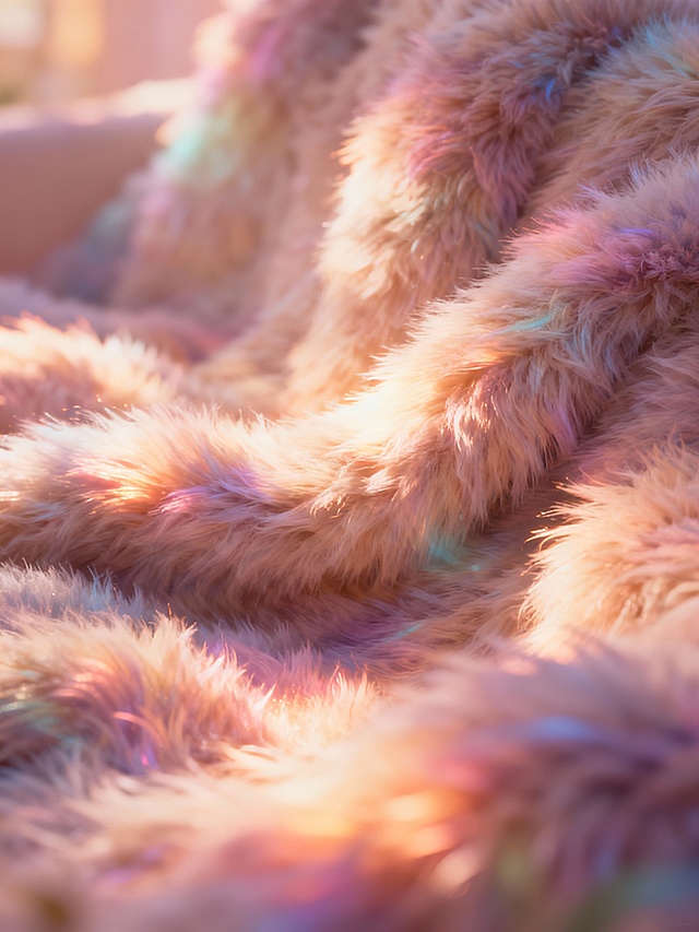 一个以温暖柔和的毛绒质感为核心视觉特征的光芒特效，光线呈现出蓬松、柔软的触感，仿佛由细密的绒毛编织而成，边缘带有轻微的模糊晕染效果，整体散发着温暖而梦幻的光晕，色彩柔和不刺眼，光线的流动感自然且富有层次感，营造出一种亲切、舒适又带有奇幻色彩的视觉氛围。