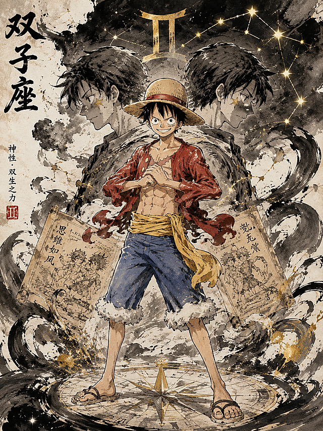 海贼王路飞结合双子座星座元素，表达双子座神性，海贼王原动漫绘画风格，融入水墨元素和日本动漫画风，画面画风统一，为系列作品中的一张