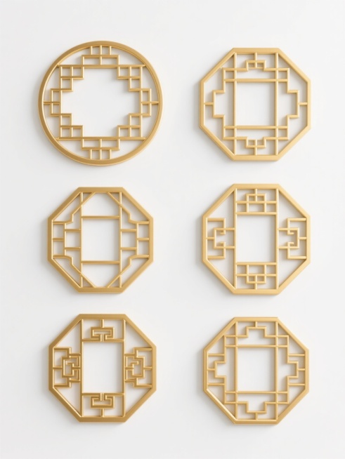 六个中国传统金色镂空窗棂图案，包含圆形和八边形两种形状，每个窗棂都有独特的几何纹样和对称设计，线条精细流畅，金色呈现出优雅的金属光泽，整体排列整齐，背景为纯白色，营造出简洁、典雅、具有东方韵味的视觉效果，适合作为装饰元素使用。预览效果