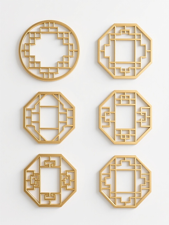 六个中国传统金色镂空窗棂图案，包含圆形和八边形两种形状，每个窗棂都有独特的几何纹样和对称设计，线条精细流畅，金色呈现出优雅的金属光泽，整体排列整齐，背景为纯白色，营造出简洁、典雅、具有东方韵味的视觉效果，适合作为装饰元素使用。