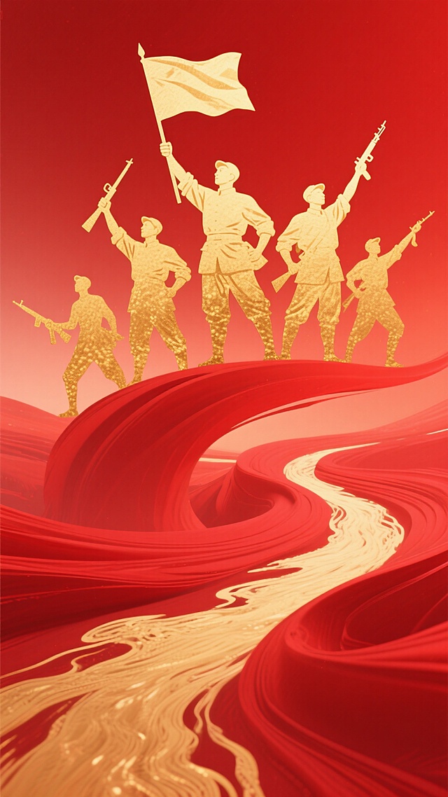 红色渐变背景上有金色的人物剪影，他们有的高举旗帜，有的手持武器，姿态昂扬，充满力量感。背景中红色的曲线如河流般蜿蜒流淌，与金色的人物形成鲜明对比，整体画面富有动感和层次感，营造出庄重而激昂的氛围，具有强烈的视觉冲击力和艺术感染力。