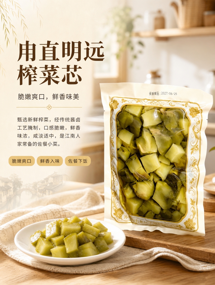 [商品] 使用【图3】袋装榨菜芯作为唯一主产品；保留米白色包装… - 图片创意预览