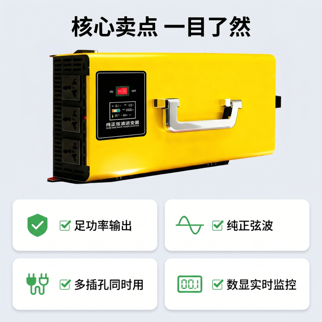 [主图 2] Bento栅格风格多亮点参数展示主图。[氛围风格] 科技简洁风格，卖点清晰直观；[画质] 商业摄影质感、光线均匀通透、信息清晰易读。[元素] 黄色纯正弦波逆变器位于画面上半部分居中位置，预览效果