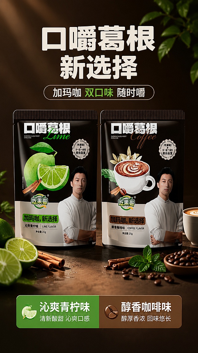 [第1屏] 详情页头图-吃果哥口嚼葛根双口味主视觉海报。本屏使用【图1】中左上青柠味包装袋与左下咖啡味包装袋作为商品主体，两袋并排陈列。
[氛围/风格] 年轻活力轻功能感，深棕高级底色配青柠绿与咖啡棕撞色，商业摄影质感，抖音竖屏沉浸式视觉。
[元素布局] 画面中央偏下位置并排陈列两袋口嚼葛根（左青柠味、右咖啡味），产品占比约60%-65%；青柠袋周围点缀新鲜青柠切片、绿叶、肉桂棒；咖啡袋周围点缀拉花咖啡杯、咖啡豆、薄荷叶；顶部留标题区，底部有悬浮台面与柔和投影；产品包装结构、颜色、Logo、文字与输入图完全一致。
[光影质感] 上方45°柔光主光源，产品正面明亮通透，底部自然投影，包装表面有细腻高光，整体氛围高级有层次。
[配色色系] 全局底色 #2B1D16（深咖啡色）；主色 青柠绿 #7ED321 + 咖啡棕 #8B5A2B；辅助色 米白 #F5F0E8。
[视角构图] 正面微仰视，双品居中对称构图，阅读动线从上至下：标题 → 双产品 → 底部卖点条。
[文字版式] 顶部居中大标题「口嚼葛根 新选择」，副标题「加玛咖 双口味 随时嚼」，圆角黑体字，字色米白；底部横向信息条分左右两栏，左栏「沁爽青柠味」配绿色块，右栏「醇香咖啡味」配棕色块；文字不遮挡产品主体。
[比例分辨率] 9:16竖版比例，4K分辨率，文字清晰可辨，高清画质。
[负向提示词] 包装变形，文字错乱，颜色偏差，缺件错件，水印，产品模糊，背景杂乱，人物变形。