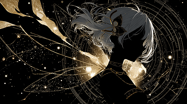 Anime silhouette of Kaname Madoka, black body, black face, no facial features, long flowing silver hair merged with (melting liquid gold filigree and lace:1.2), melting liquid gold six-winged wings with flowing texture like ink and gold merging, soul gem embedded with shimmering stardust, sacred geometry rings surrounded by opulent swirling golden patterns, glowing star charts and constellation lines background, pure black background, cinematic high contrast, soft blurred edges, 8k, ultra-detailed, sharp focus, masterpiece --ar 16:9 --v 6.0