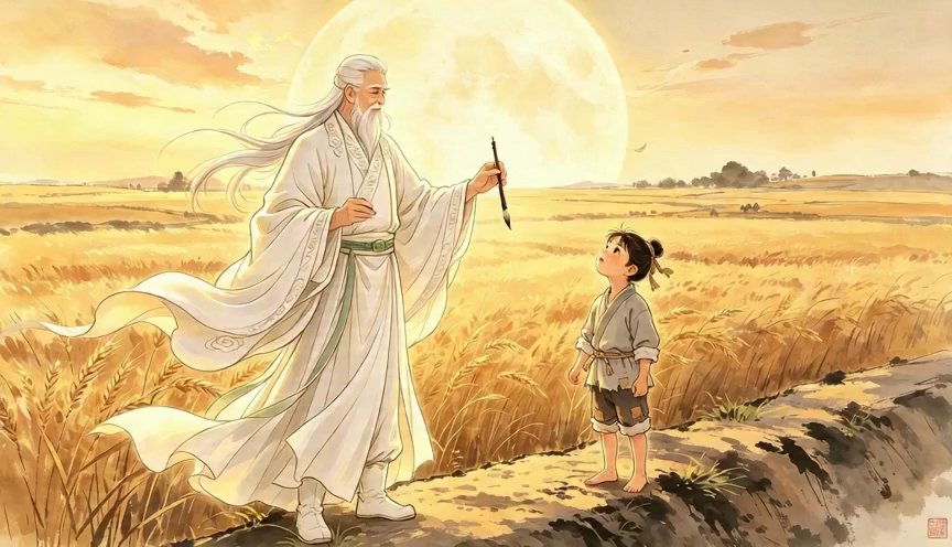 仙翁将神笔递给男孩马良，告诉马良要心怀百姓，坚持善意，落笔成真。画面呈现金色麦田中，老者把画笔递到男孩面前，男孩抬头注视老者，微风拂动衣摆，整体氛围温暖治愈，充满神话色彩。预览效果