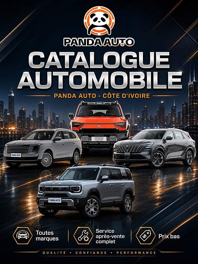高端汽车产品册封面设计，竖版3:4比例，法语版，科特迪瓦PANDA AUTO车行。画面整体风格大气、正规、专业、高级感、有设计感。

画面顶部居中放置PANDA AUTO熊猫LOGO（橙色圆环+熊猫头像，下方PANDA AUTO字样），LOGO清晰醒目。

LOGO下方主标题区：大号粗体无衬线字体写"CATALOGUE AUTOMOBILE"，全大写，白色或银色金属质感字体，字间距适中，非常有力量感。

主标题下方副标题："PANDA AUTO - CÔTE D'IVOIRE"，字号稍小，橙色或金色点缀，与LOGO配色呼应。

画面中部为4款汽车展示区，4款车型按上传顺序排列：
【图2】橙色硬派越野SUV（正面）
【图3】银灰色捷途大型SUV（左前45度）
【图4】深灰色长安SUV（左前45度）
【图5】银灰色北京越野SUV（左前45度）
四款车错落有致地排列，有前后层次感，车身光泽亮丽，金属质感强，每辆车都保持原图外观特征不变。车辆呈阶梯式或环绕式布局，形成丰富的视觉层次。

画面底部区域放置三个卖点标签，法语，简洁有力：
"Toutes marques"
"Service après-vente complet"
"Prix bas"
用精致的几何线条或图标装饰，排列整齐。

背景：深色渐变背景（深蓝到黑色），带有微妙的几何线条和光影效果，营造高端奢华感；背景有微弱的城市天际线剪影或抽象光影，增加空间深度；整体光影为侧前方柔光，车身有明显高光反射，体现金属质感和高级感。

整体色调：深蓝/黑色背景 + 橙色品牌色点缀 + 银色/白色文字，配色高级稳重。

版式精美，层级分明，四周留有安全边距，所有文字清晰可读，凸显车行实力与专业形象。

画面中所有信息区域必须填充完整合理的内容，不得出现空白框或占位区域。