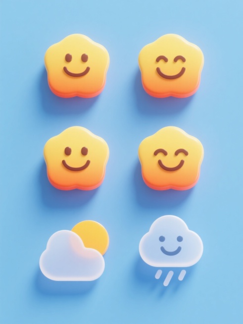 一系列六个规整排布的图标集合，保持原3D立体图标风格，每个图标拥有黄色渐变主体、橙色描边和底部阴影的质感，光影从图标顶部偏左位置照射，呈现明亮高光和柔和阴影过渡。六个笑脸图标，以及另外两个同类目不同形预览效果