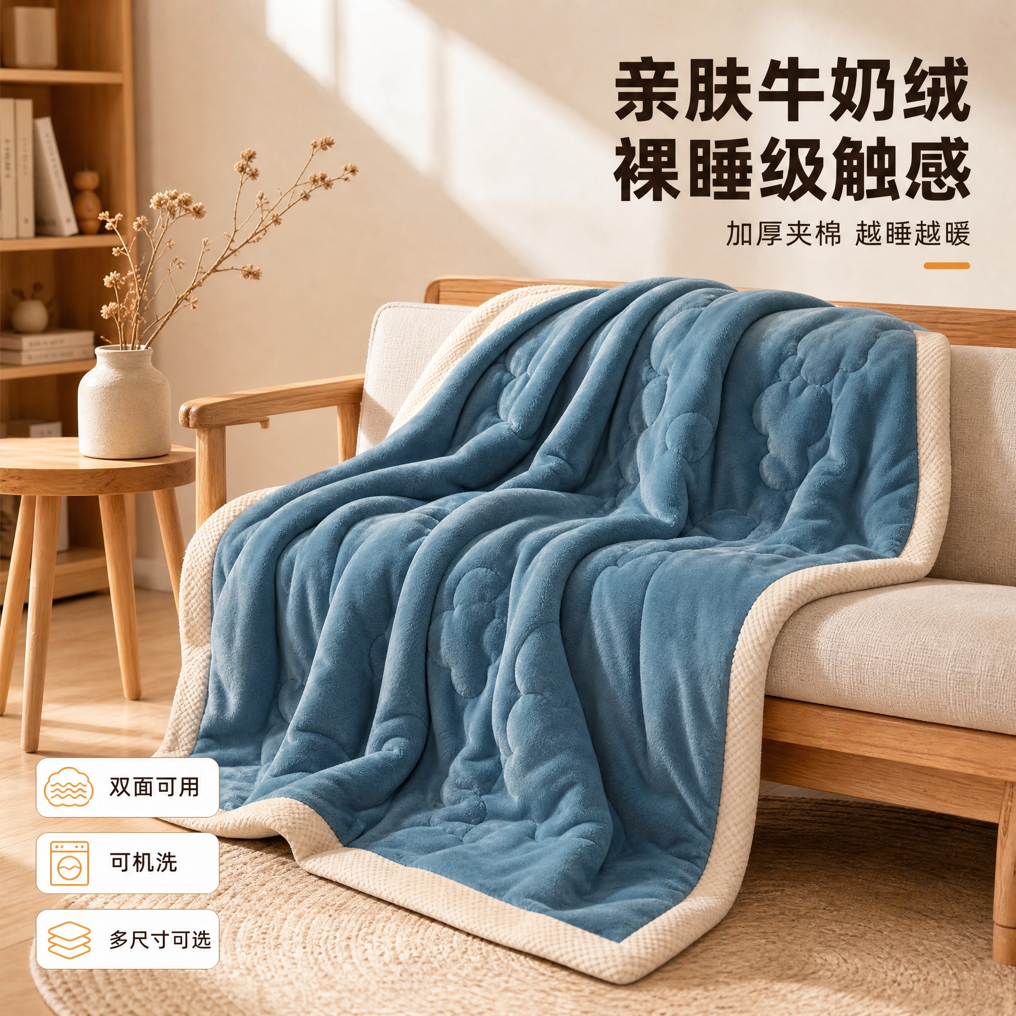 [主图-2] 牛奶绒贝贝绒夹棉毛毯 雾霾蓝+米白包边 日式客厅… - 图片创意预览