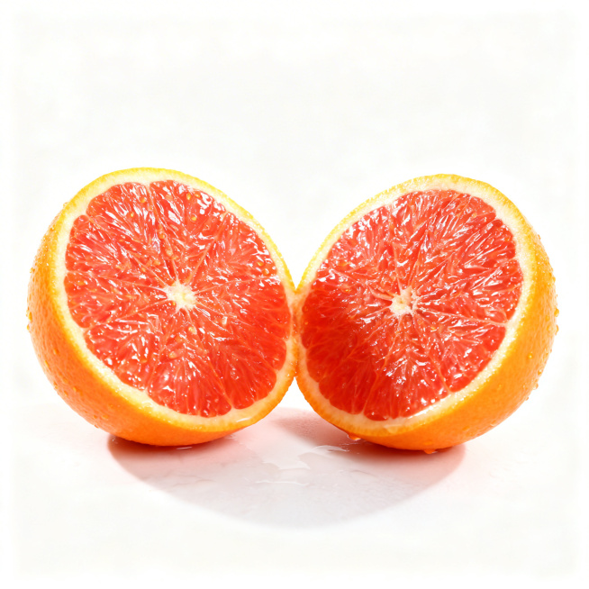 赣南脐橙商品主图，纯白背景，对半切开的赣南脐橙展示橙红色果肉纹理，居中展示，光影清晰，适合电商销售，突出果肉多汁预览效果