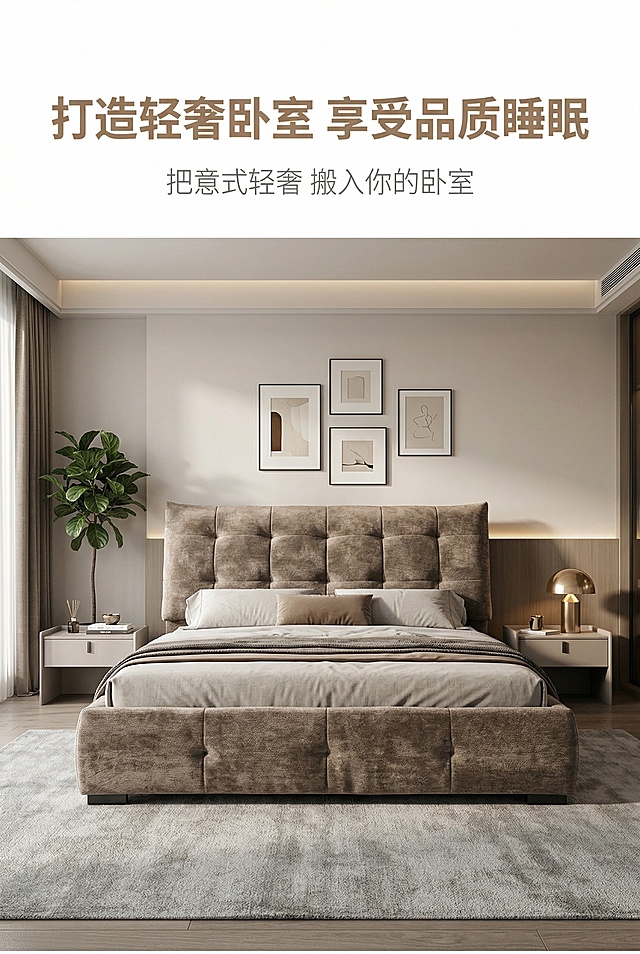 画布比例严格2:3竖版，严格还原上传的产品图，包括产品造型、颜色、细节等所有细节，产品尺寸比例保持1:1。主视觉：现代轻奢卧室全景，产品放置在卧室中央，搭配简约软装（浅灰色地毯、极简台灯、抽象挂画、绿植、床头柜），平视角度展示产品在场景中的适配性，柔和自然光营造温馨高级的睡眠氛围。主标题（画面上半部分居中，大号无衬线轻奢字体，暖棕色#B89F89加粗）：「打造轻奢卧室 享受品质睡眠」，副标题（主标题正下方，小号同字体，浅灰色#E0E0E0）：「把意式轻奢 搬入你的卧室」。信息布局：产品+场景占据画面70%主体，标题区位于画面上半部分，留白充足，文字不遮挡产品与场景。排版形式：杂志风场景化上下结构，文字层级清晰，主标题醒目，以产品场景适配性为核心。设计感强调：现代轻奢风格，温馨高级，光影柔和，画面质感细腻，风格统一无割裂感。视觉要求：8K超高清，商业级家居大片，场景真实自然，产品细节清晰，氛围温馨高级。负面提示词：模糊、变形、色差、低分辨率、像素块、杂乱元素、多余水印、文字排版混乱、透视错误、产品细节丢失、颜色失真、粗糙质感、廉价感、背景杂乱、光线昏暗、阴影过重、字体不统一、风格割裂、软装过多遮挡产品、场景杂乱、遮挡产品主体、文字过大遮挡产品、风格廉价、光影昏暗