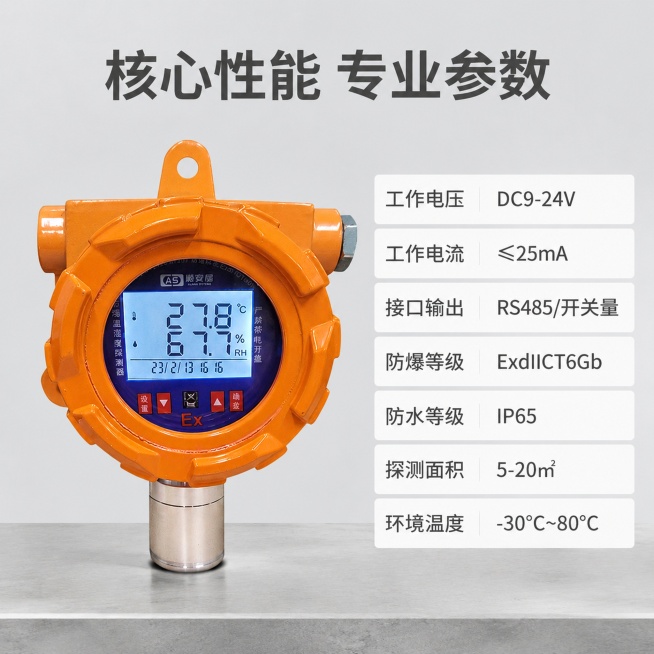 [主图-2] 防爆温湿度探测器核心性能参数展示；保持产品外观（物理结构、材质质感、颜色）与输入产品图绝对一致，杜绝任何变形和色差，精细化处理；浅灰色工业工作台背景，产品主体居中放置，右侧平铺完整参数表预览效果