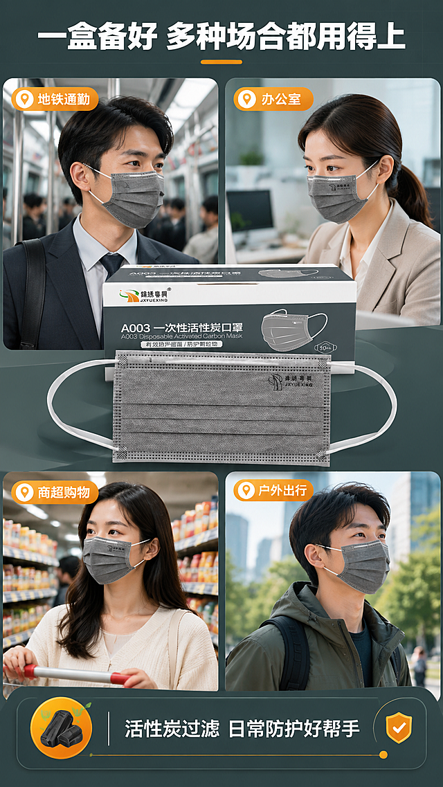 [第6张] 详情页多场景拼图。本张使用【图1】作为商品主体。
[商品] 锦绣粤兴A003一次性活性炭口罩：保留深灰色口罩本体、白色耳带、三道横向褶皱、热压点状封边、锦绣粤兴Logo印字；每个场景中同款深灰色口罩佩戴在亚洲人物面部，外观一致。
[画面] 目标展示多场景适用，多场景拼图型构图。四宫格拼图：1)地铁通勤场景（亚洲上班族戴口罩）；2)办公室工位场景（亚洲白领戴口罩办公）；3)商超购物场景（亚洲顾客戴口罩购物）；4)户外出行场景（亚洲路人戴口罩散步）；每格人物肩线以上，中央大标题区叠加口罩实物主图，背景深灰绿渐变。
[视觉] 套系策略：风格=淘宝天猫专业防护用品商业摄影；标题字=粗黑体；正文字=无衬线黑体；主色=深灰绿；背景延展=深灰绿到浅灰同色渐变+细腻网格质感；强调色=橙黄，仅用于标签徽章和引线；标题色=白色；正文色=浅灰白；组件=圆角信息卡、圆形徽章、细线引线；光影=顶部柔光。
[文字] 顶部主标题"一盒备好 多种场合都用得上"；四格各配场景标签：地铁通勤 办公室 商超购物 户外出行；底部信息条"活性炭过滤 日常防护好帮手"。文字横向排布，不遮挡口罩主体。
[规格] 9:16竖版，4K分辨率，文字清晰可读。负向：变形，错字，文字过小，水印，平台logo，口罩颜色偏差，人物面部扭曲，冷蓝背景，竖排文字。