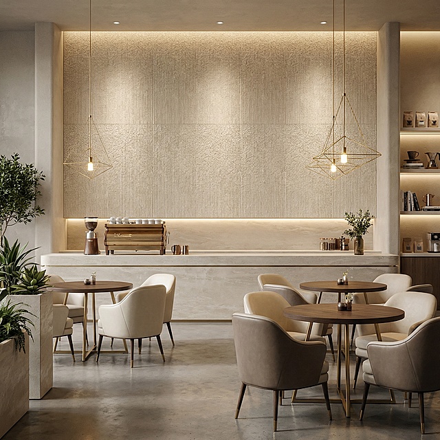 为现代毛石背景墙 石头拼接墙板，生成1个亚马逊电商主图，突出产品，要有设计感，高大上，生成如下：1主图：咖啡厅场景，不要出现人