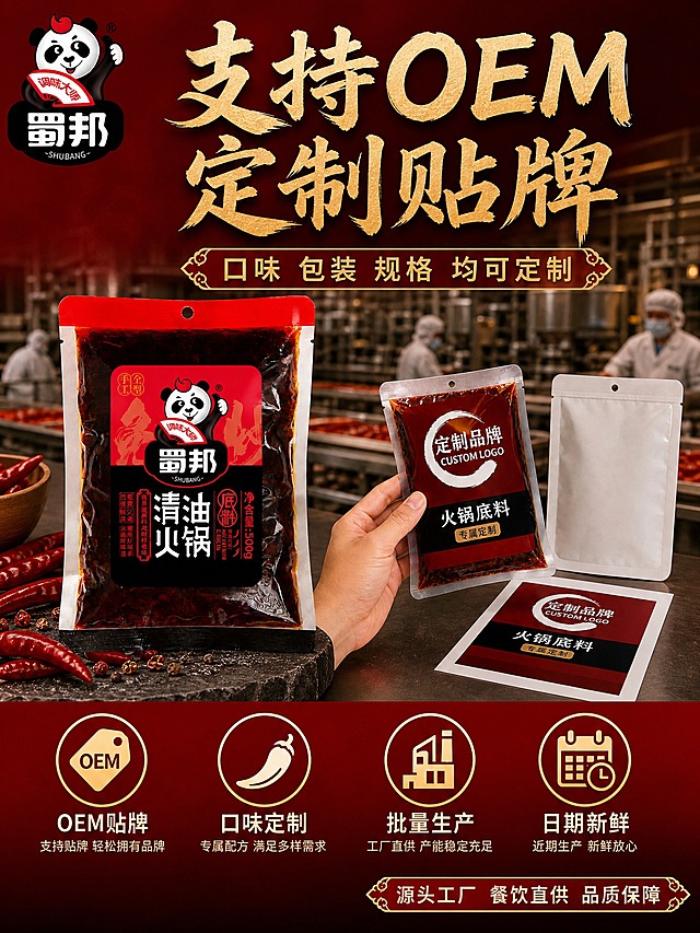[主图-5] OEM定制与服务图，核心任务：突出支持OEM定制贴牌、餐饮定制服务，以及品质保障，打消顾虑促进转化。
[统一基调] 川渝火锅红黑餐饮风，背景主色为深红渐变+深灰专业感，标题字色为米白+金黄描边，辅助字色为浅金与暖白，强调色为正红；主标题用粗厚书法黑体，辅助文案用清爽黑体；整体专业靠谱、工厂实力感。
[画面] 画面中部左侧放置蜀邦清油火锅底料袋装产品，右侧展示OEM定制概念：一只手拿着印有定制品牌Logo的火锅底料包装袋样稿，旁边摆放空白袋样与设计稿，体现贴牌定制服务；背景虚化呈现工厂生产线或研发实验室场景，暖光氛围，体现工厂实力；画面底部横向排列4个服务图标+文字，分别对应“OEM贴牌”“口味定制”“批量生产”“日期新鲜”。
[光影质感] 暖光主光，产品包装真实质感，定制样稿与手部自然，背景虚化有层次，整体高清商业摄影质感。
[配色] 深红深灰背景+产品红黑+米白金黄文字+正红强调，专业稳重。
[文字版式] 上部主标题大字“支持OEM定制贴牌”，下方副标题“口味 包装 规格 均可定制”；底部四个服务图标横向等距排列，每个图标下方对应服务名称；左上放置蜀邦熊猫小Logo；右下角小字“源头工厂 餐饮直供 品质保障”。文字放在上下负空间，不遮挡产品与定制样稿主体。
[输出要求] 3:4竖版，产品包装完整还原，文字清晰可读，服务图标简洁明了；禁止变形、错字、模糊、水印、平台Logo、多余畸形手指、虚假认证。