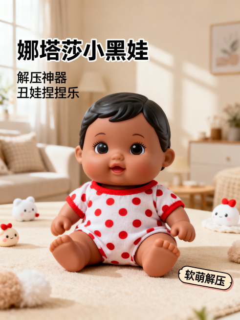 [主图 1]娜塔莎小黑娃解压捏捏乐产品首图。氛围风格：温馨舒适家居可爱风，保持黑娃原有模样不变。画质：商业摄影质感、光线柔和通透、产品清晰真实、画面干净高级。元素：解压丑娃捏捏乐娃娃居中展示，穿着红点预览效果