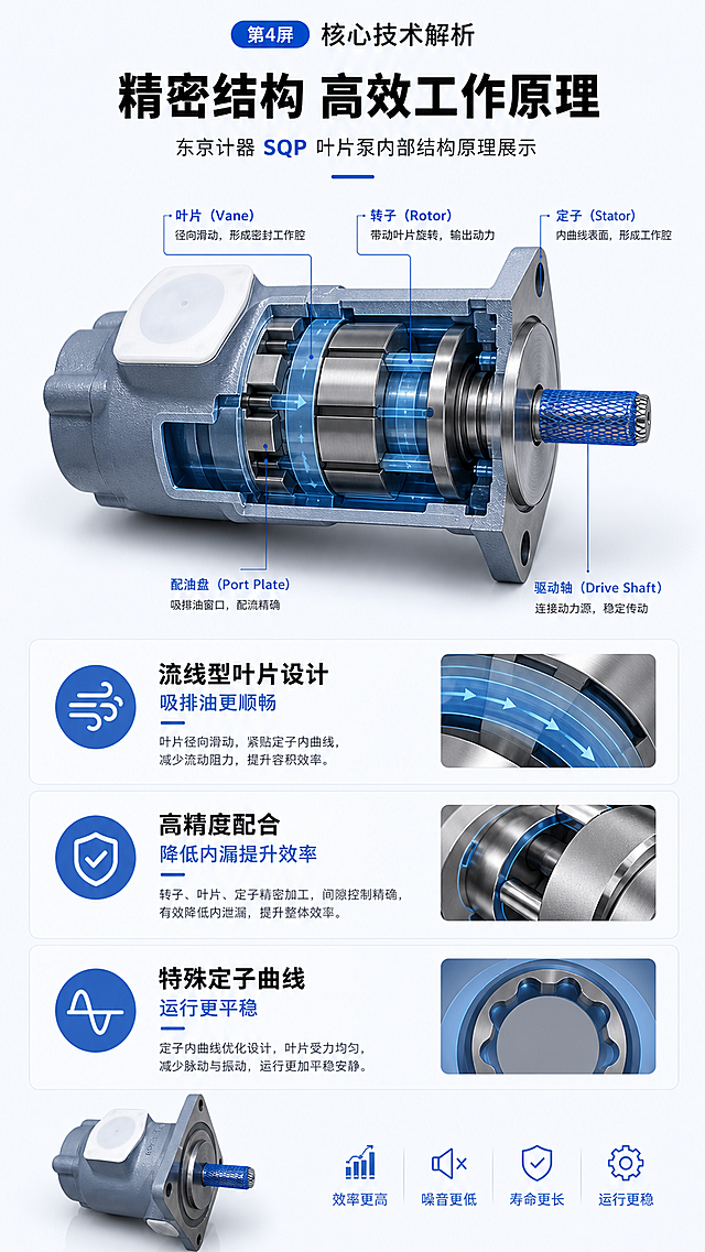 [第4屏] 核心技术解析-东京计器SQP叶片泵内部结构原理展示。本屏使用【图1】作为产品外形参考，添加剖面结构示意。
[氛围/风格] 科技工业解析风，结构线清晰，可视化易懂。
[元素布局] 页面上半部分为剖面结构示意图，展示叶片、转子、定子核心部件，下半部分为三个技术优势分点说明。保留产品外形尺寸比例与输入图一致，剖面结构采用半透明蓝色标注核心工作区域。
[光影质感] 结构线清晰锐利，标注信息对比明显，整体明暗适中，突出结构逻辑。
[配色色系] 全局底色 #F7FAFC，主色深灰结构线，辅助蓝色标注区，黑色文字。
[视角构图] 正剖面视角，从上到下先看结构再看说明，逻辑清晰。
[文字版式] 主标题「精密结构 高效工作原理」顶部，分点说明：「流线型叶片设计 吸排油更顺畅」「高精度配合 降低内漏提升效率」「特殊定子曲线 运行更平稳」，每个分点配小图标，文字清晰不拥挤。
[比例分辨率] 9:16 竖版比例，4K分辨率，文字清晰可辨，高清画质。
[负向提示词] 结构错误，产品外形变形，文字错乱，标注模糊，水印。