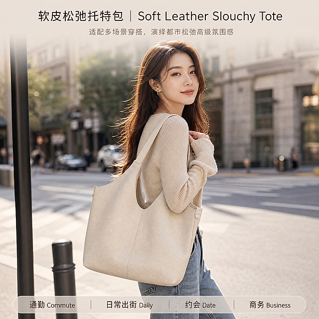 [商品] 使用【图2】【图4】同款米杏色软皮托特包；保留U型开口、双宽肩带、荔枝纹皮革、中央竖缝线、两侧扣饰、米杏固有色与托特包型比例；包包完整展示，不被大面积遮挡。
[画面] 模块5模特上身展示图第2张，真实商业人像摄影，都市简约穿搭亚洲女模特，米色针织上衣+牛仔裤，手提包包肩带站在城市街角人行道旁；都市高级街景，背景虚化，光影自然写实；包包侧面+正面角度完整展示，手提姿势自然优雅。
[视觉] 套系策略：风格=海外轻奢进口极简高级商业摄影；标题字=现代纤细无衬线中文字体+高端无衬线英文字体；正文字=简洁无衬线体；主色=暖咖米杏；背景延展=低饱和暖调城市街景，背景适度虚化；强调色=浅金，仅用于小标签和分割线；标题色=深炭棕；正文色=中暖灰；组件=极简圆角标签、细线分割；光影=午后侧逆光+柔和补光，真实立体。
[文字] 顶部居中标题"软皮松弛托特包 | Soft Leather Slouchy Tote"；下方小字文案"适配多场景穿搭，演绎都市松弛高级氛围感"；底部横向标签"通勤 Commute｜日常出街 Daily｜约会 Date｜商务 Business"；全部文字横排，不遮挡模特与包包主体。
[规格] 800×800像素1:1方图，2K分辨率，避免变形、错字、文字过小、包型失真、颜色改变、脸部模糊。