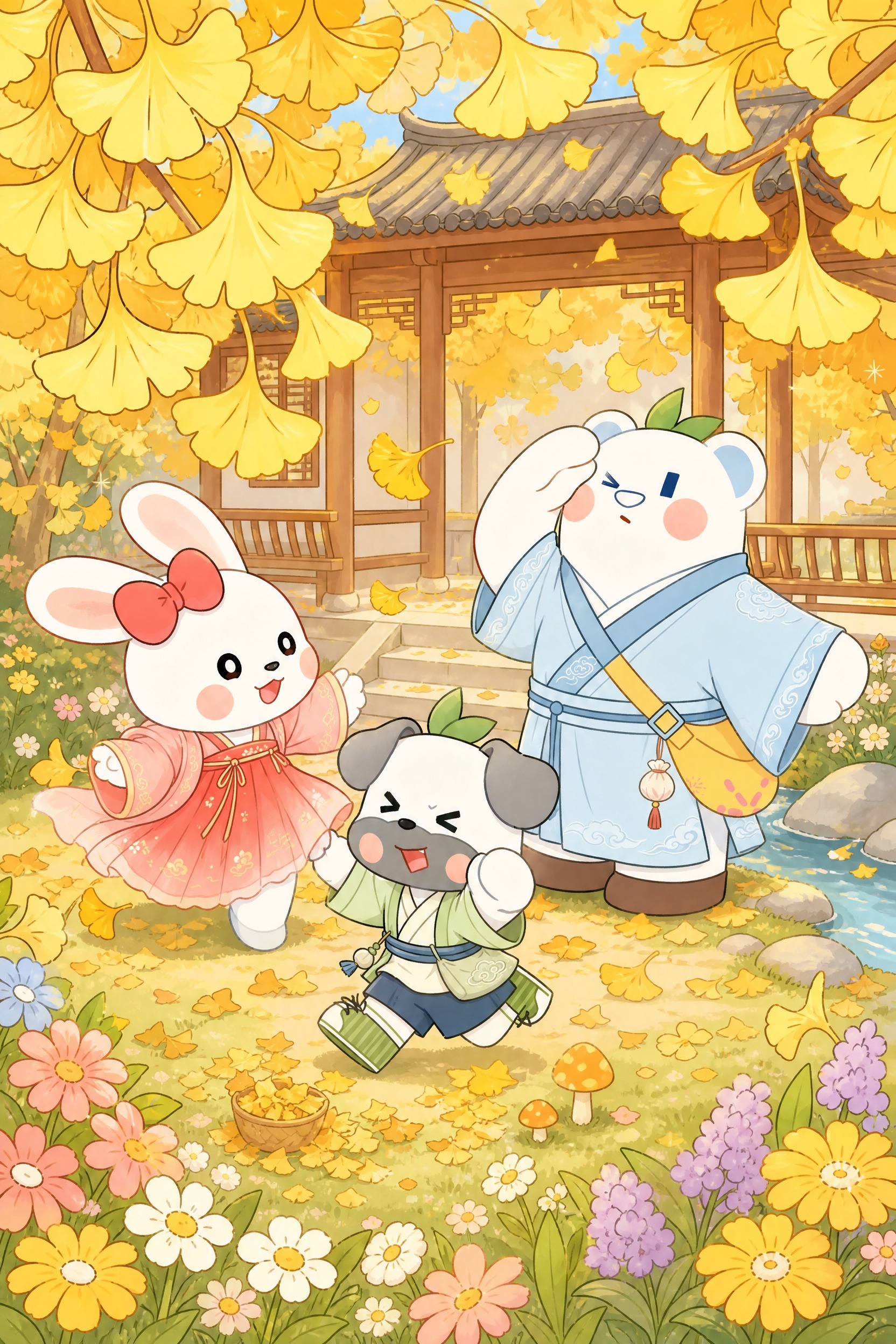将三个卡通角色融入到秋天银杏叶古风庭院场景中，保持角色形象和外… - 图片创意预览
