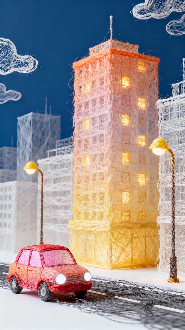 毛线绣暖光都市：渐变色楼伴绒车，柔纱云裹夜之柔