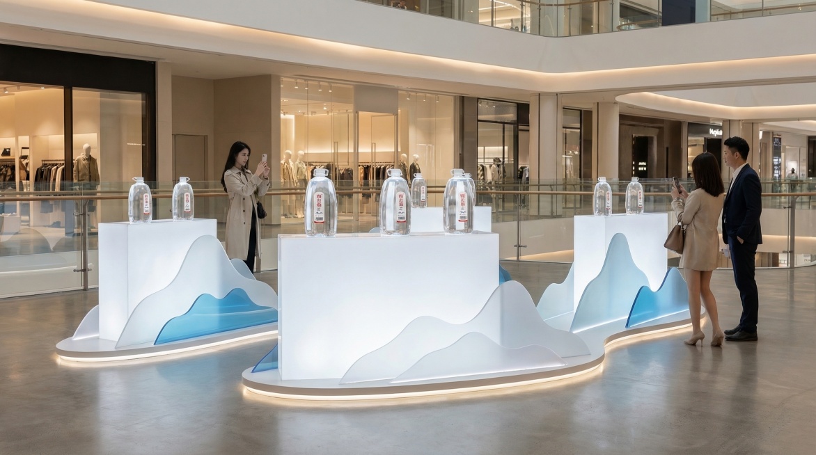 鸡公山4L饮用山泉水作为核心元素的商场中庭美陈，采用简约现代设计，搭配白色发光展台、山水造型装饰和柔和氛围灯，周围有少量逛街的行人，整体干净高级，突出产品质感预览效果