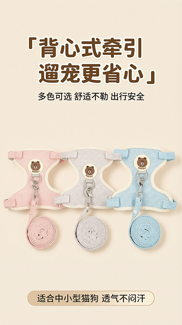 [第1屏] 详情页头图-宠物背心牵引绳产品宣传海报。本屏使用【图1】作为商品主体。
[氛围/风格] 温馨可爱萌宠风，浅米色暖背景，温馨柔和，商业摄影质感。
[元素布局] 三款不同颜色的宠物牵引绳（清新粉、简约灰、天空蓝）整齐排列居中，占比约65%；顶部留大标题区，底部放置信息条；三款产品的结构、颜色、材质与输入产品图保持一致。
[光影质感] 顶部柔和漫射光，产品下方自然投影，整体明暗均匀，面料纹理清晰可见。
[配色色系] 全局底色 #FFF8F0；主色浅米色；辅助色对应产品三色：粉、灰、蓝点缀标题和信息框。
[视角构图] 正面平视，产品整体排列，阅读动线从上到下，产品为视觉中心。
[文字版式] 顶部主标题「背心式牵引 遛宠更省心」，副标题「多色可选 舒适不勒 出行安全」，加粗清晰字体；底部信息条标注「适合中小型猫狗 透气不闷汗」；文字不遮挡产品主体。
[比例分辨率] 9:16 竖版比例，4K分辨率，文字清晰可辨，高清画质。
[负向提示词] 产品变形，缺件错件，颜色偏差，文字错乱，文字过小，水印，背景杂乱