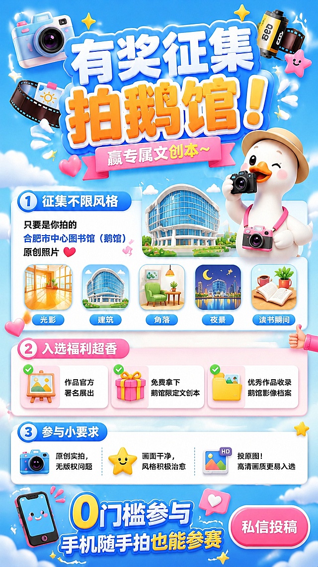 基于这张海报进行修改：1. 去掉所有实景照片（包括图书馆建筑照片和5张小图：光影、建筑、角落、夜景、读书瞬间），全部替换为可爱的扁平插画风格图标或手绘插画，保持5个分类但用插画表现；右侧的大白鹅3D形象保留。2. 去掉右下角的二维码占位符方块，将底部右侧改为一个醒目的粉色圆角按钮，按钮内文字："私信投稿"。3. 整体风格保持3D萌趣卡通风，配色不变（天蓝+奶白+暖橙+粉红）。4. 所有文字内容保持不变，版式结构不变。5. 确保画面中没有任何真实照片、实景图片，全部为插画/图标/3D卡通元素。画面中所有信息区域必须填充完整合理的内容，不得出现空白框、空白占位、横线待填写区域、空列表项、空单元格。画面中所有数字必须精确渲染，不得错位、遗漏或编造。