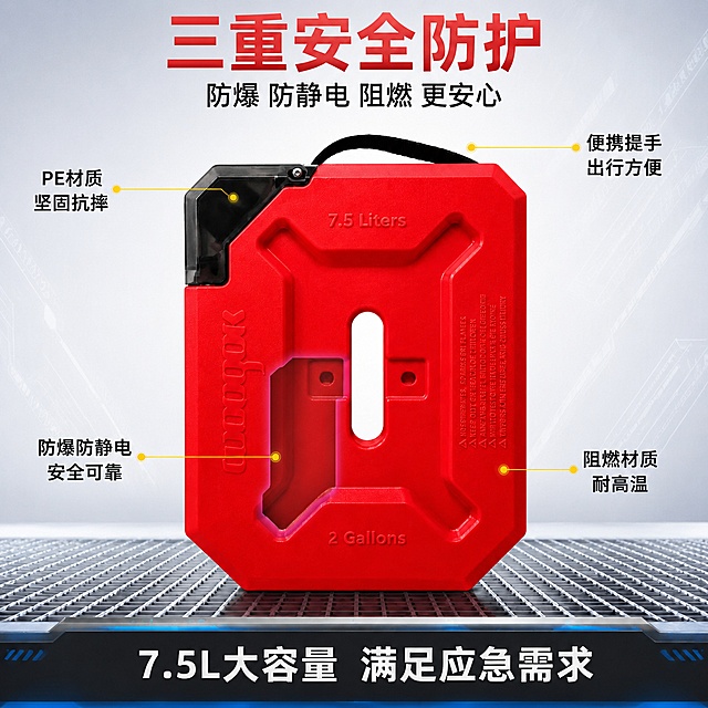 [主图-2] 防爆防静电核心卖点技术展示图
[氛围风格] 硬核科技工业风，安全防护主题，专业可信
[画质] 商业摄影质感、光线清晰、产品结构分明、画面干净、超高清细节
[元素] 红色7.5L备用油箱主体居中，占画面约60%，正面展示。画面周围分布4条引线标注，分别指向油箱不同部位：左上引线指向箱体表面标注"PE材质 坚固抗摔"，右上引线指向提手区域标注"便携提手 出行方便"，左下引线指向油箱内壁（用半透明剖面效果展示）标注"防爆防静电 安全可靠"，右下引线指向箱体壁厚标注"阻燃材质 耐高温"。背景为浅灰色科技感渐变，底部有金属网格台面。保持油箱外观（即物理结构、材质质感、红色颜色、7.5 Liters和2 Gallons浮雕文字、黑色提手、透明油嘴盖）与输入产品图绝对一致，杜绝任何变形和色差。
[光影] 顶部柔光箱均匀打光，产品正面明亮，侧面有自然过渡阴影，底部投影柔和，整体光线干净利落
[配色] 主色：产品正红色；辅色：浅灰、科技蓝、白色；点缀色：安全黄
[视角构图] 正面平视视角，主体居中，四周留出标注空间，景深较浅，背景简洁
[文字版式] 顶部居中主标题"三重安全防护"，红色粗体大字；下方副标题"防爆 防静电 阻燃 更安心"，黑色中号字体；四条引线末端标注文字，黑色常规字体配黄色小圆点引线头；底部通栏"7.5L大容量 满足应急需求"白色文字配深色底条。文字全部在主体外围负空间，不遮挡油箱。
[输出要求] 1:1比例，文字清晰锐利可辨，超高清商业摄影质感
[负向提示词] 变形，文字错乱，产品图模糊，背景杂乱，水印，电商平台Logo，多余的手，畸形手，人物面部扭曲