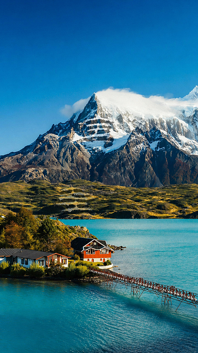 参考图片的写实自然风光风格，保留原有的雪山湖泊红房子风景，巧妙地将“宝”字藏匿于画面中，藏匿方式自然，与整体风景风格适配