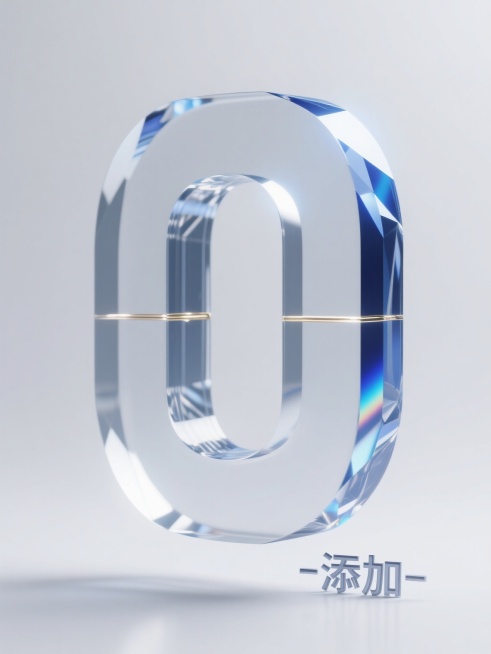 极简主义构图，悬浮于纯净白背景中央的巨型立体数字"0"由超透明航空级水晶雕琢而成，表面呈现纳米级光滑度与12%的精准透光率，内部嵌入0.1mm直径的铂金导光丝形成优雅的光晕层次，右上角45度角切割的折射面将定向光源分解为青金石色的光谱渐变。数字底部右侧悬浮着等比例缩小的立体"添加"二字，采用与主体同源的水晶材质并进行0.3mm深度的激光内雕纹理处理，整体呈现出被精密计算过的3.7度倾斜角，在8……预览效果