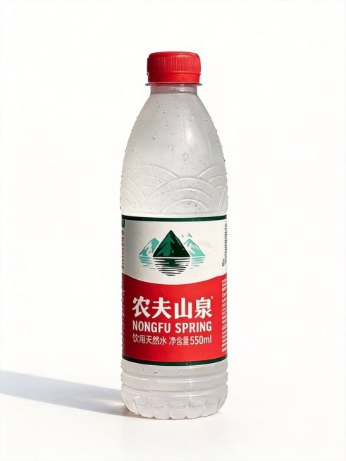 生成电商产品主图，整瓶展示带水珠的农夫山泉天然饮用水，纯净白色背景，突出产品质感预览效果
