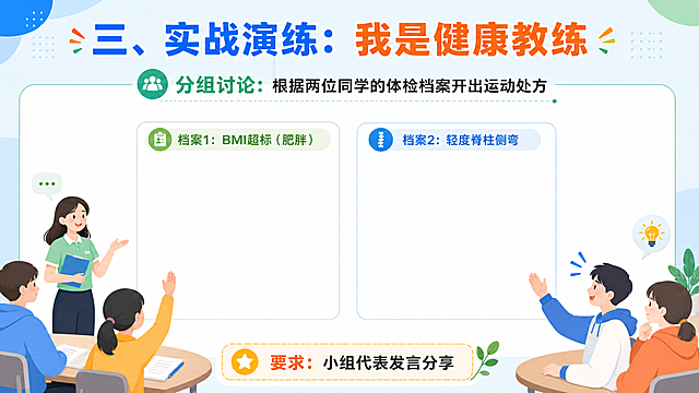 公开课PPT互动页，标题为"三、实战演练：我是健康教练"，内容：分组讨论：根据两位同学的体检档案开出运动处方 档案1：BMI超标（肥胖）；档案2：轻度脊柱侧弯，要求小组代表发言分享，背景配讨论场景简约插画，留出大面积空白放案例，排版宽松适合课堂互动，风格活泼