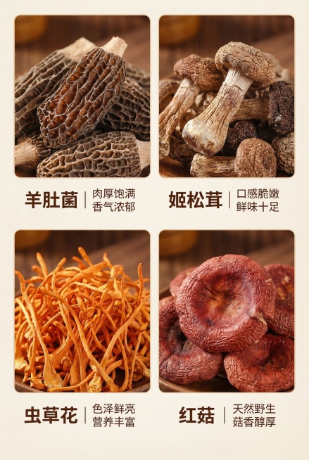 羊肚菌汤包食材卖点详情页模块；暖调写实风格；画面分为4个均匀区块，每个区块对应一种核心食材：羊肚菌、姬松茸、虫草花、红菇，每个区块上方是食材高清特写，下方配文字说明“羊肚菌 | 肉厚饱满 香气浓郁”“预览效果