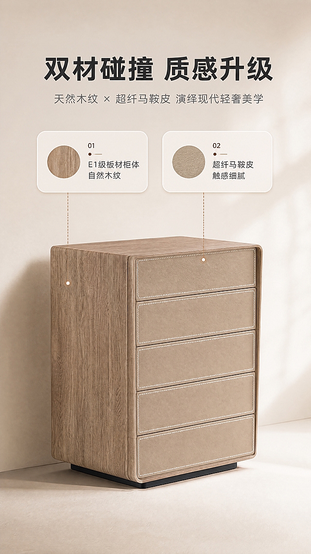 [商品] 使用【图1】DD-8828B五斗柜；保留原木色柜体、浅咖马鞍皮抽屉面、五层结构、圆角侧边、黑色底架；突出木纹与马鞍皮两种材质的质感对比。
[画面] 目标：设计美学页，材质混搭叙事，讲木纹与马鞍皮的碰撞。构图：上下分区，上半区文案+材质色块，下半区产品特写。主体位置：下半区居中，产品占画面约50%。摆放角度：侧面45度，突出抽屉面马鞍皮质感与侧边木纹。景别：中近景。阅读动线：上→下。前中后景：前景产品，中景浅米色背景墙，后景柔和光影渐变。场景：极简影棚，干净亮调背景，突出材质本身。
[视觉] 套系策略：风格=现代轻奢亮调商业摄影；标题字=现代无衬线粗体；正文字=简洁无衬线体；主色=暖白+浅木色；背景延展=基于暖白与浅木做深浅层级、同色渐变和细腻哑光质感；强调色=奶茶棕，仅用于小面积图标、引线和标签；标题色=深炭灰；正文色=中暖灰；组件=圆角浅底信息卡、细线引线、数字序号；光影=右前侧暖柔光，明亮通透。
[文字] 上半区居中：主标题「双材碰撞 质感升级」（8字），副标题「天然木纹 × 超纤马鞍皮 演绎现代轻奢美学」（18字），下方两个材质标签：「E1级板材柜体 自然木纹」「超纤马鞍皮 触感细腻」，文字排版简洁有层次。
[规格] 淘宝/天猫详情页，单屏比例9:16竖版，分辨率4K，负向提示：避免变形、错字、文字过小、冷蓝/蓝灰背景、产品颜色改变、结构失真、极限词。
