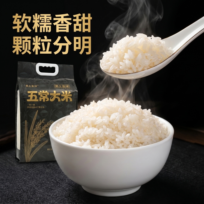 [主图 4] 煮熟后五常大米成品展示。
[氛围风格] 黑金大气风格，极强食欲感，真实诱人
[画质] 商业摄影质感、光线柔和通透、产品清晰真实、画面干净高级。
[元素] 纯白陶瓷碗盛满晶莹剔透的煮熟五常预览效果