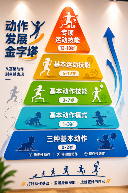 体能工作室墙面展示墙，动作发展金字塔模型，从下向上依次排列：最底层是"三种基本动作0-2岁"，向上第二层是"基本动作模式1-3岁"，第三层是"基本动作技能2-7岁"，第四层是"基本运动技能5-12岁"预览效果