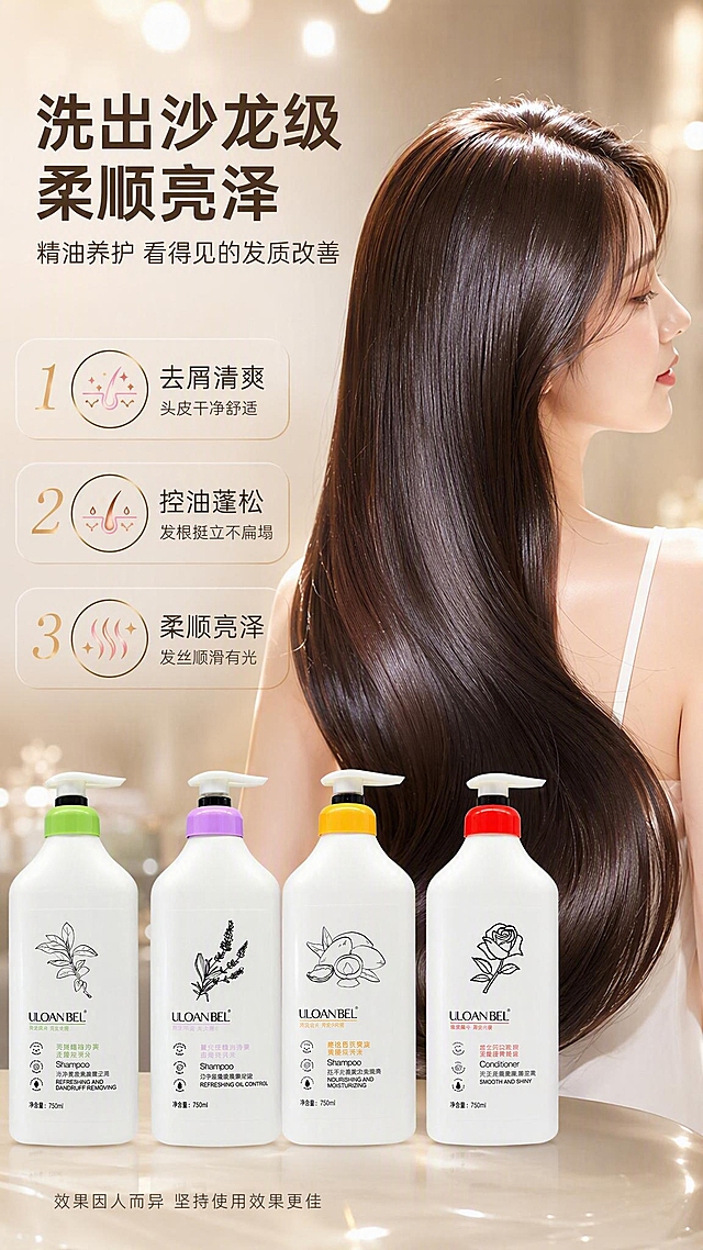 [商品] 使用【图1】ULOANBEL精油洗护系列产品，与真人发丝效果结合；保留产品外观、颜色、Logo及瓶身文字不变。
[画面] 真人发丝效果展示页，目标体现使用后柔顺亮泽的发质状态；亚洲女性模特背影/侧影，长发柔顺有光泽，发丝占画面主要视觉，产品放在模特旁侧或底部融入画面；左侧或上方文字区+编号卖点；背景柔和科技渐变，带光斑和柔焦效果；产品与人物自然融合，不做硬分割。
[视觉] 套系策略：风格=高端科技感商业人像摄影；标题字=现代无衬线粗体中文；正文字=简洁无衬线体；主色=暖调浅金灰渐变；背景延展=基于暖金灰做深浅层级、同色渐变、柔焦光斑/光晕质感；强调色=暖金+浅粉，仅用于图标、引线和小标签；标题色=深棕灰；正文色=中暖灰；组件=圆角半透明信息卡、细线引线、发丝光泽图标；光影=侧逆光勾勒发丝轮廓+正面柔光补光，发丝有明显光泽感。
[文字] 顶部或侧部主标题"洗出沙龙级柔顺亮泽"，副标题"精油养护 看得见的发质改善"；3条编号结果：1.去屑清爽 头皮干净舒适 2.控油蓬松 发根挺立不扁塌 3.柔顺亮泽 发丝顺滑有光；底部小字"效果因人而异 坚持使用效果更佳"；所有文字横排，不遮挡人物和产品主体。
[规格] 图片比例9:16竖版，2K分辨率，避免变形、错字、文字过小、医疗功效承诺、夸大前后对比、人物面部失真。