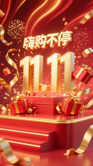 红色渐变背景带有流动的金色光纹，中央是红色动态立体字 “11.11”，字体随光效呈现明暗变化；上方用金色发光艺术字 “嗨购不停”，周围环绕动态炸开的红金礼盒、飞舞的金色丝带、持续绽放的烟花（带有拖尾光预览效果